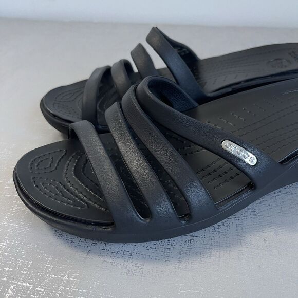 Crocs Rhonda Wedge Sandals Black Women's 8 Strappy Slip On Comfort Shoes - Picture 2 of 13